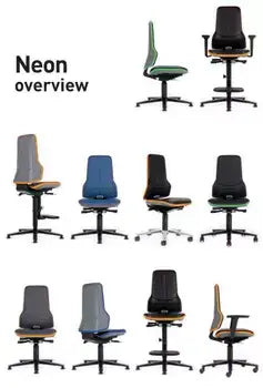 Overview of Neon office chairs showcasing various styles and colors, ideal for ergonomic and industrial environments.