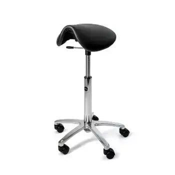 Ergonomic Matilda Swing leather saddle chair with adjustable height, chrome base, and wheels for optimal seating comfort.