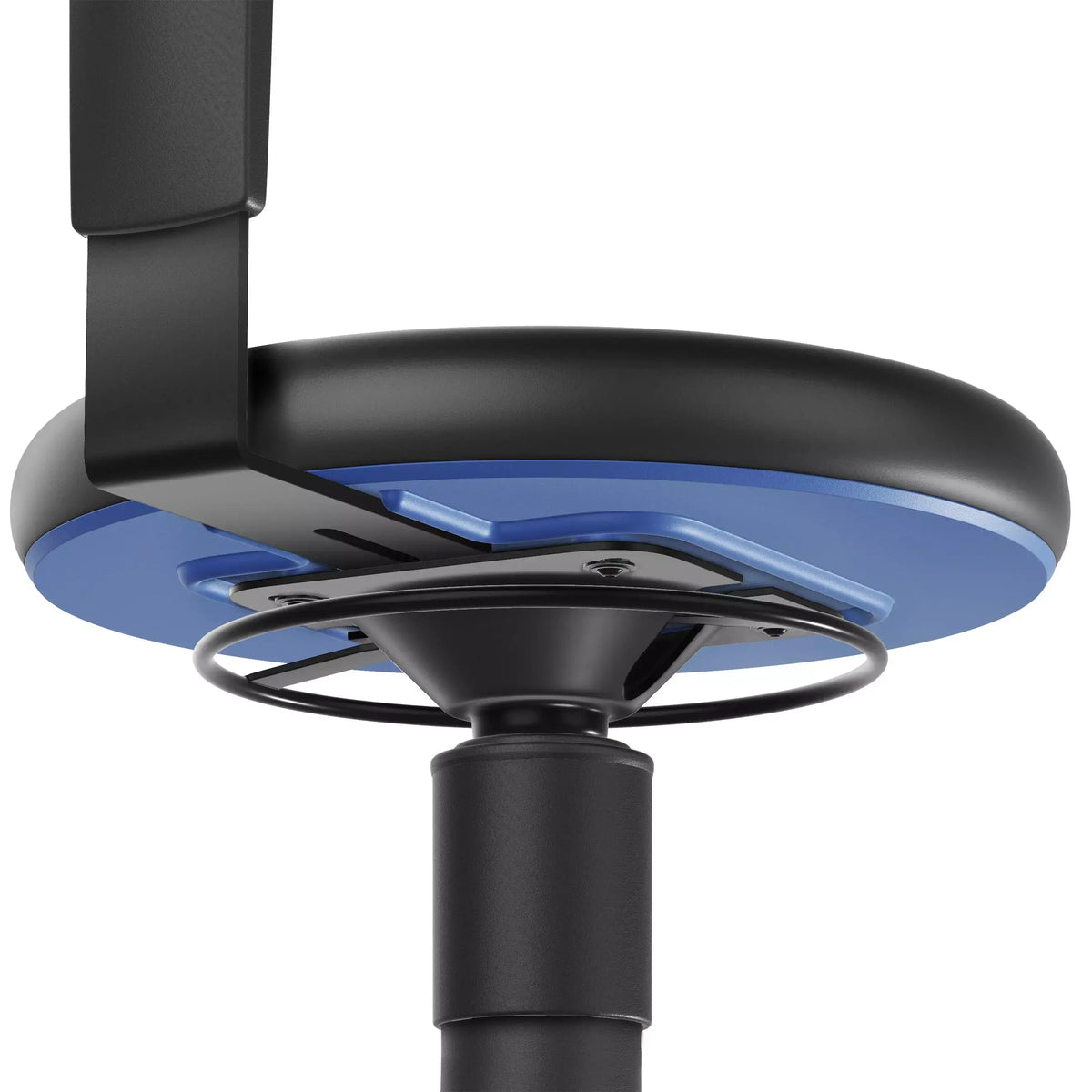 CleanErgo Stool with blue undersurface and artificial leather seat, designed for industrial environments by Bimos.