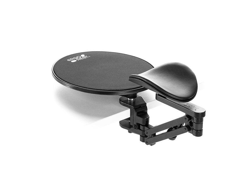 Ergorest 350 black arm support with round mouse pad platform on an articulated desk-mounted arm