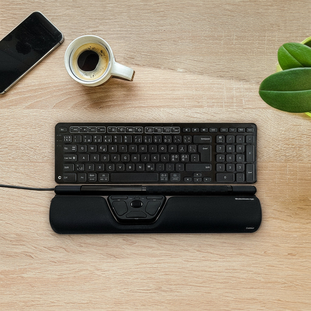 RollerMouse Ergo positioned in front of a keyboard on a wooden desk