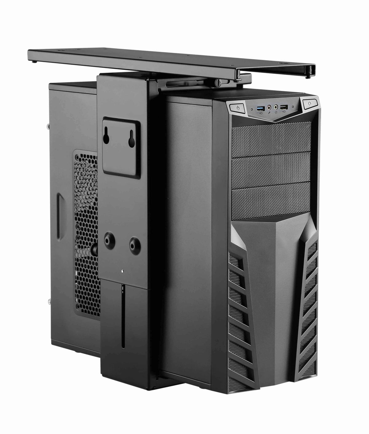 Black swivel CPU stand securely holds a desktop tower under a desk, optimizing workspace organization.