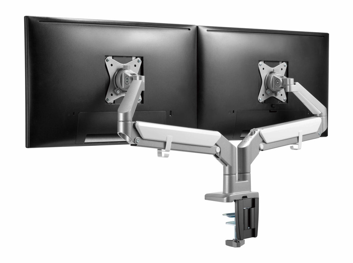 Dual monitor arm in grey with gas spring design for ergonomic workspace setup, supporting two screens efficiently.
