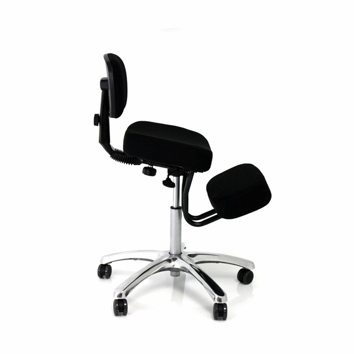 Ergonomic black knee chair with back support and chrome base designed for improved posture and reduced strain on neck and back.