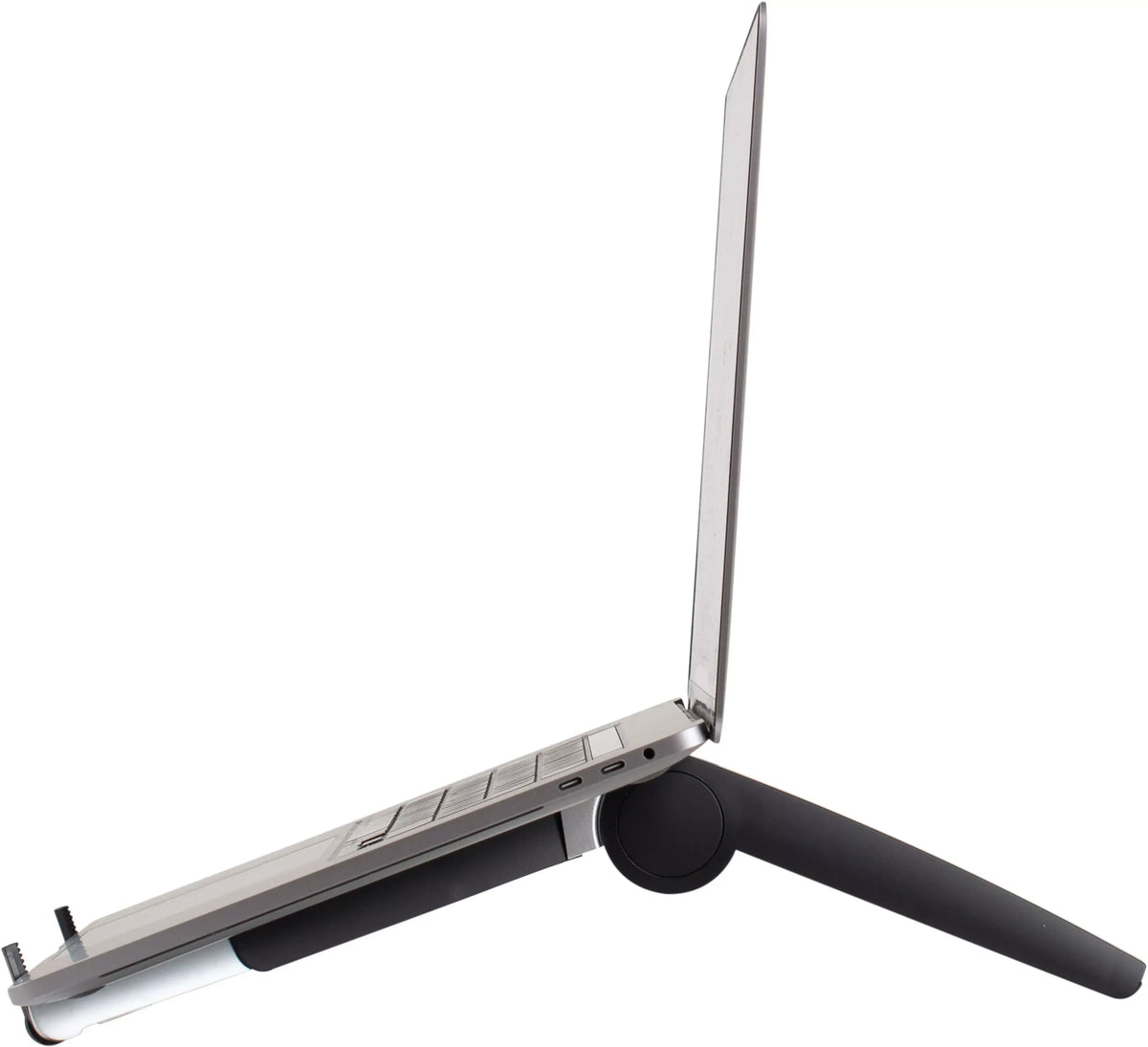 Black ErgoFinland Spider laptop and tablet stand elevating a laptop for improved ventilation and workspace efficiency.