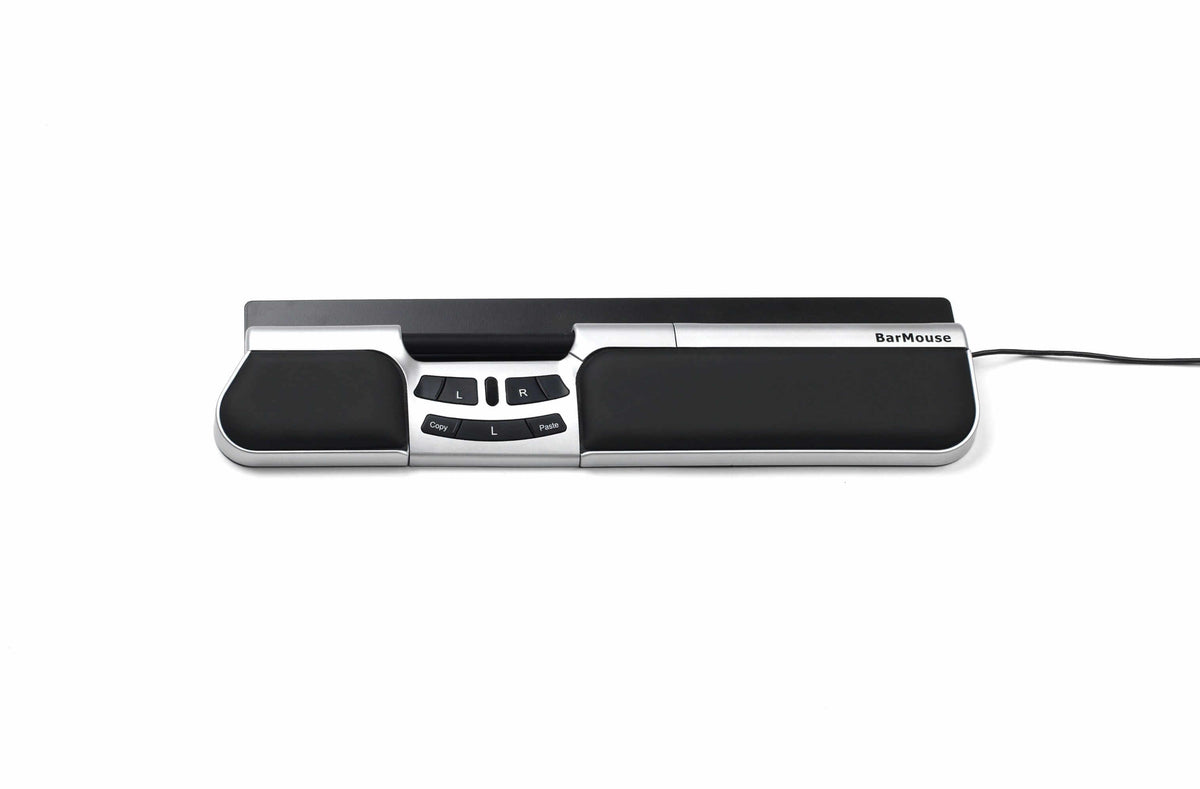 BarMouse ergonomic Silver Slim central mouse with wrist support, reducing strain and featuring a robust steel frame for comfort.
