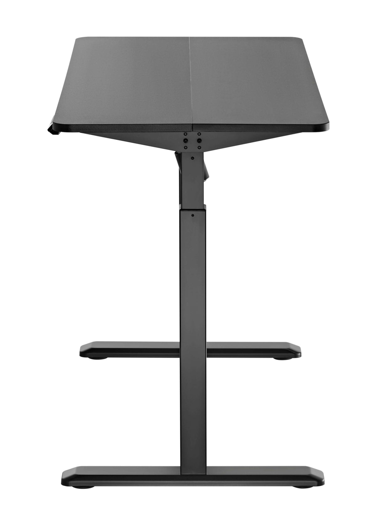 Side view of the GetUpDesk Elite black electric desk showing the single column leg and foot