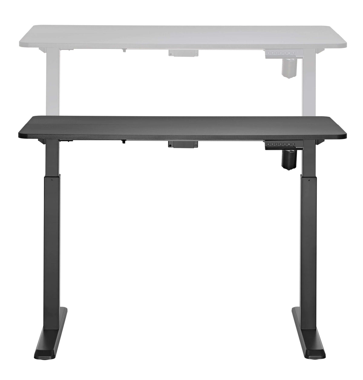 GetUpDesk Elite black desk shown at sitting height with a faded raised position behind it