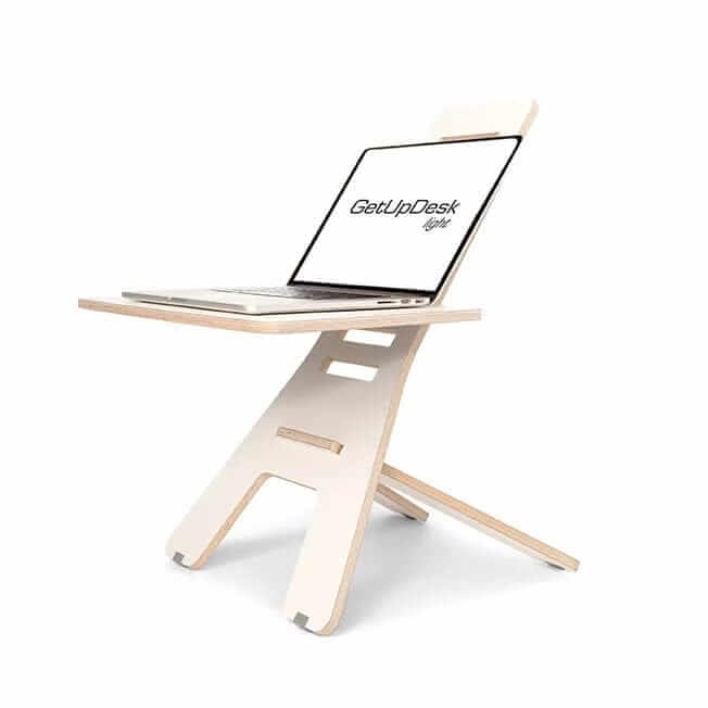 GetUpDesk Light wooden standing desk stand holding a tablet