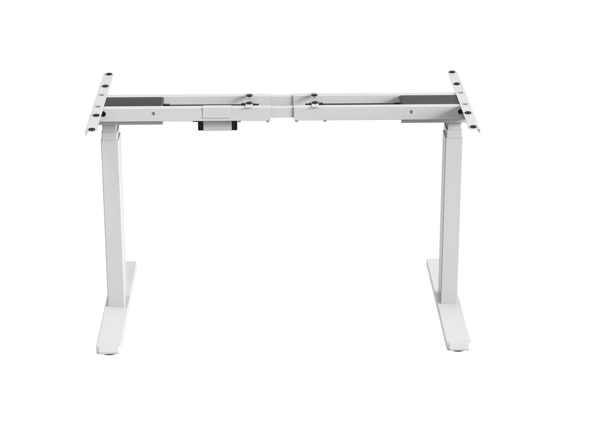 White GetUpDesk Duo electric desk frame with adjustable legs for ergonomic workstations.