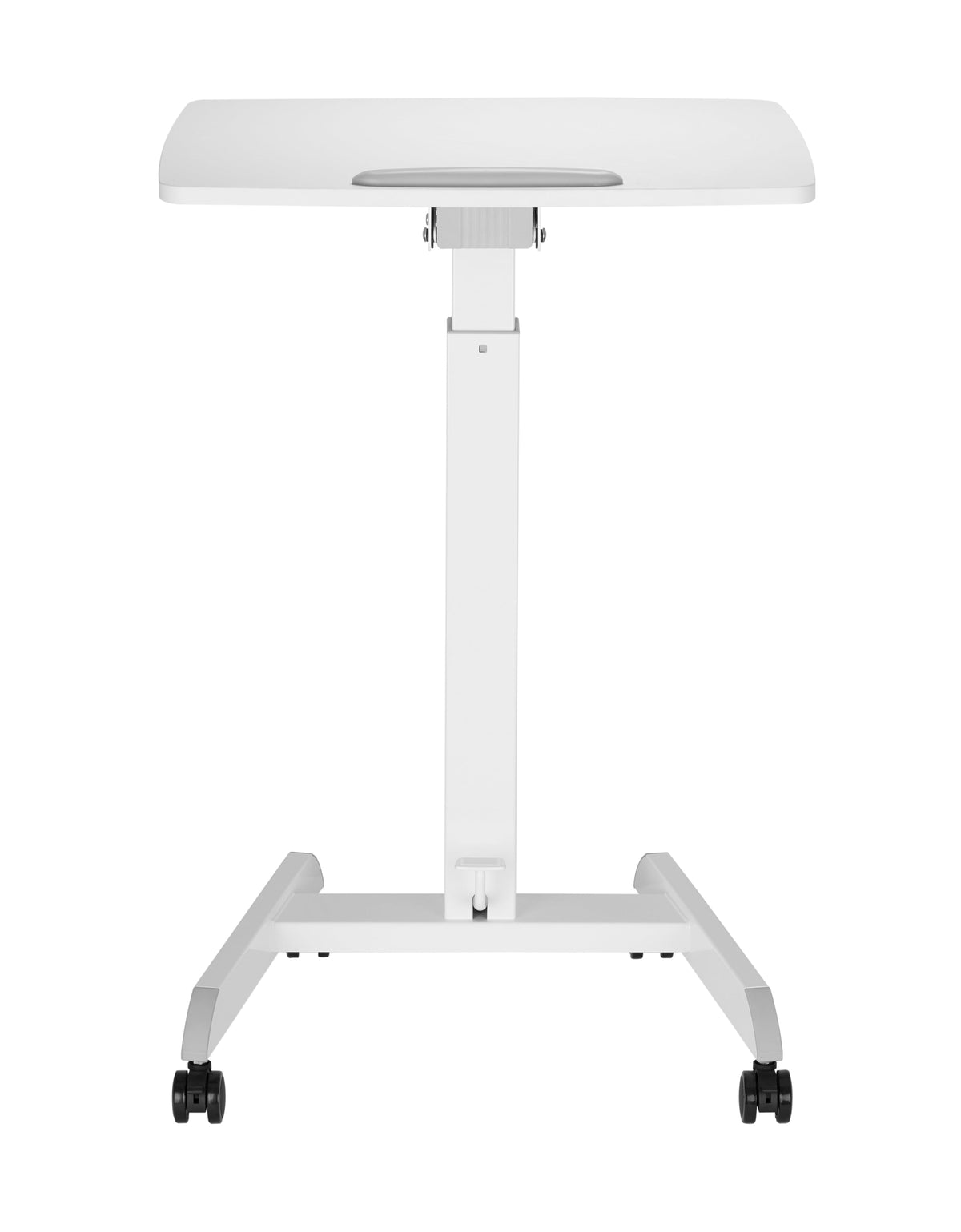 GetUpDesk Tilt adjustable desk in white, viewed from the front on castors