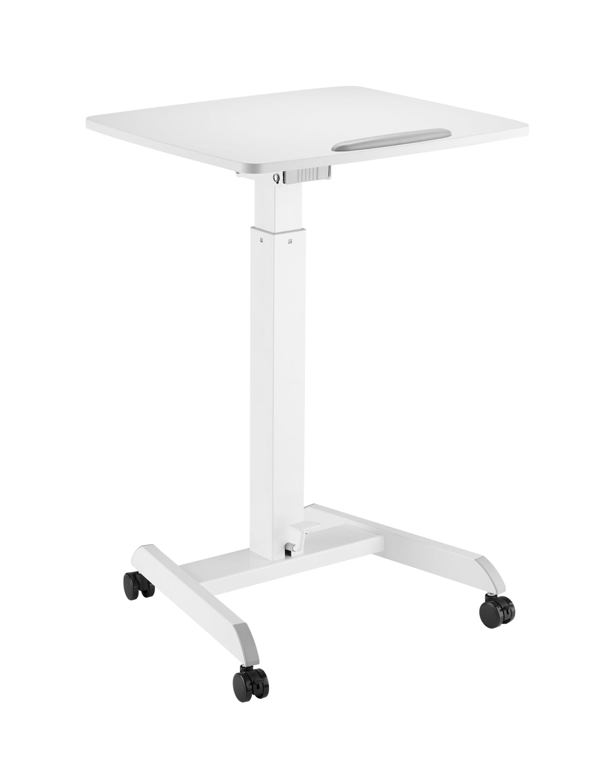 GetUpDesk Tilt adjustable desk in white with a tilting top on castors