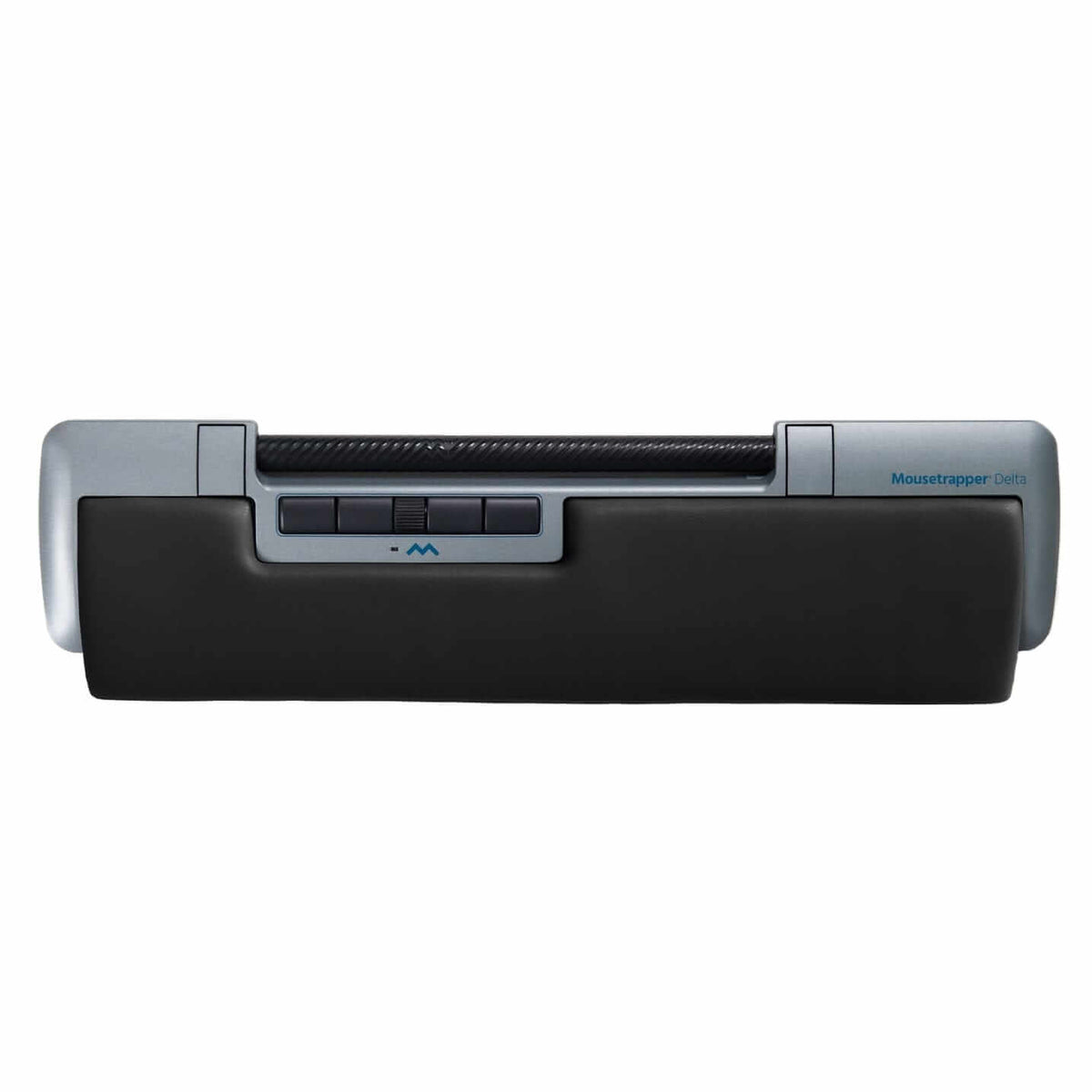 Mousetrapper Delta Extended in grey with ergonomic design and 4000 dpi resolution, featuring six programmable buttons for custom shortcuts.