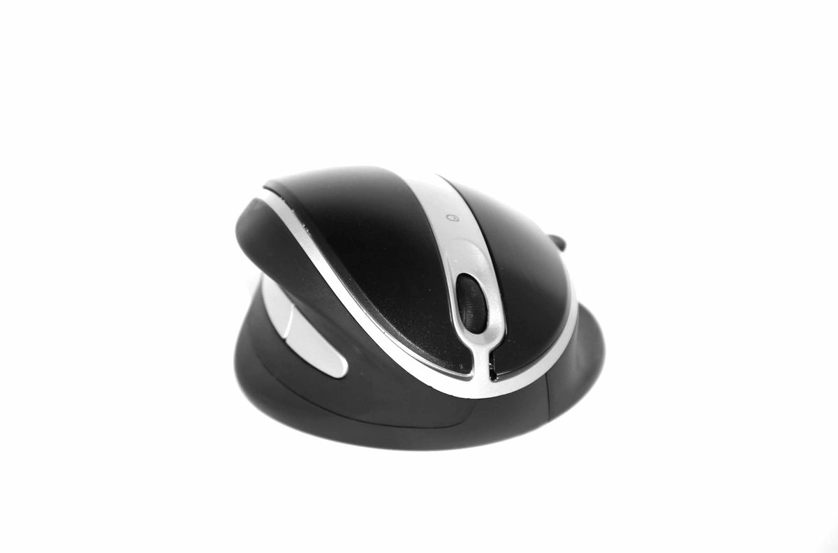Ergonomic OysterMouse wireless mouse with adjustable angles for right and left-handed use, black and silver vertical design.