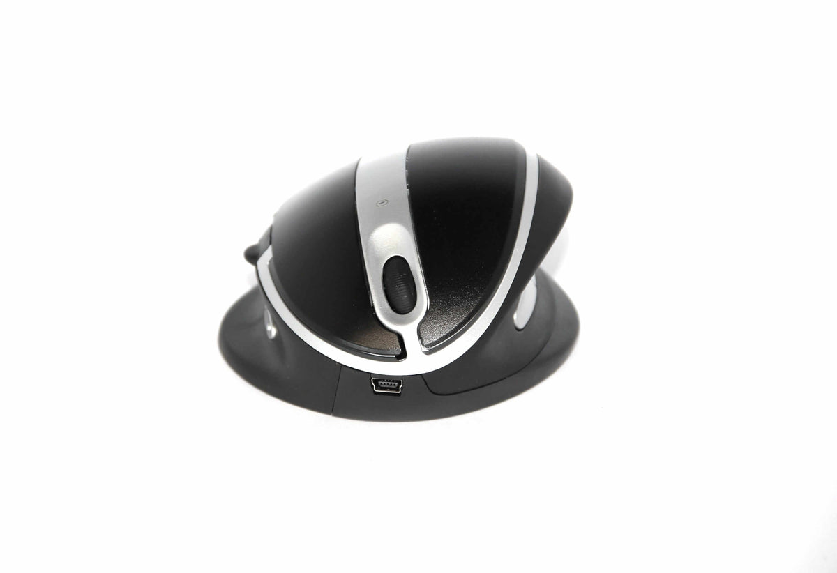 Ergonomic OysterMouse wireless vertical mouse for right or left-hand use, adjustable angles for optimal wrist comfort.