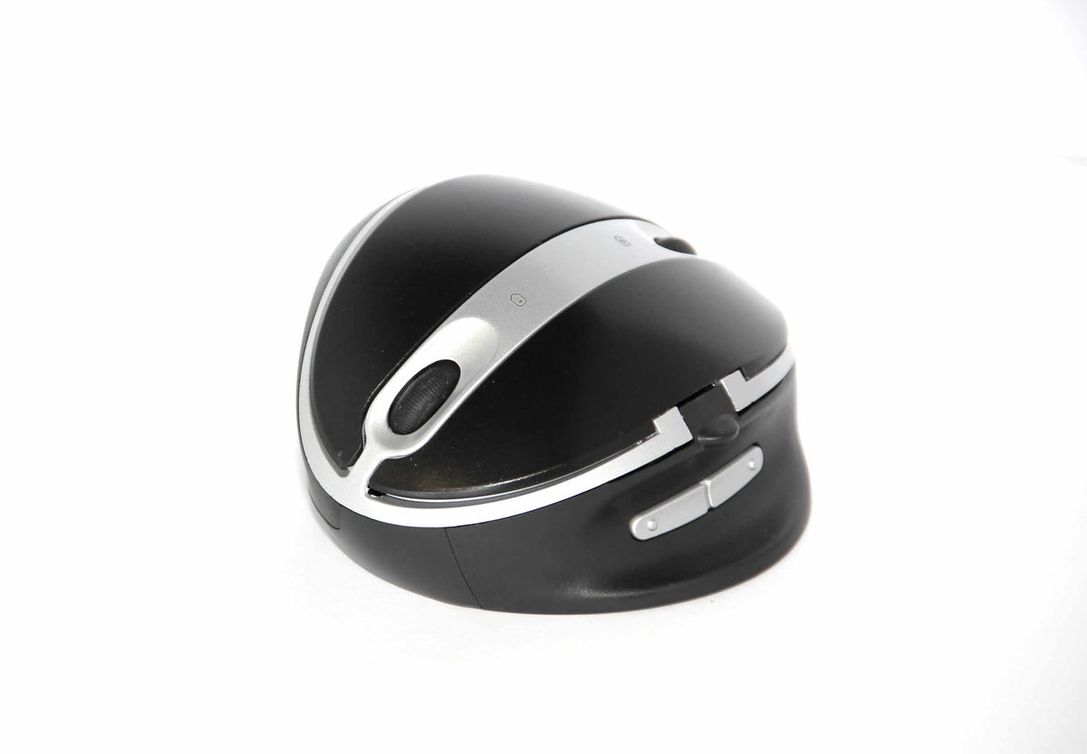 Ergonomic wireless vertical mouse with adjustable angles for improved posture and comfort in black and silver design.