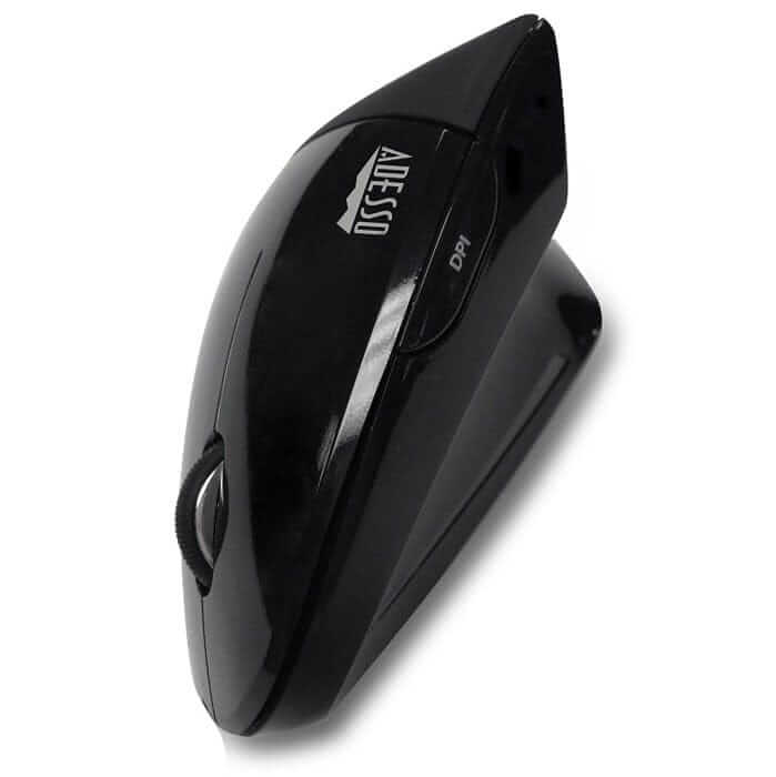iMouse E10 wireless vertical mouse viewed from the thumb side