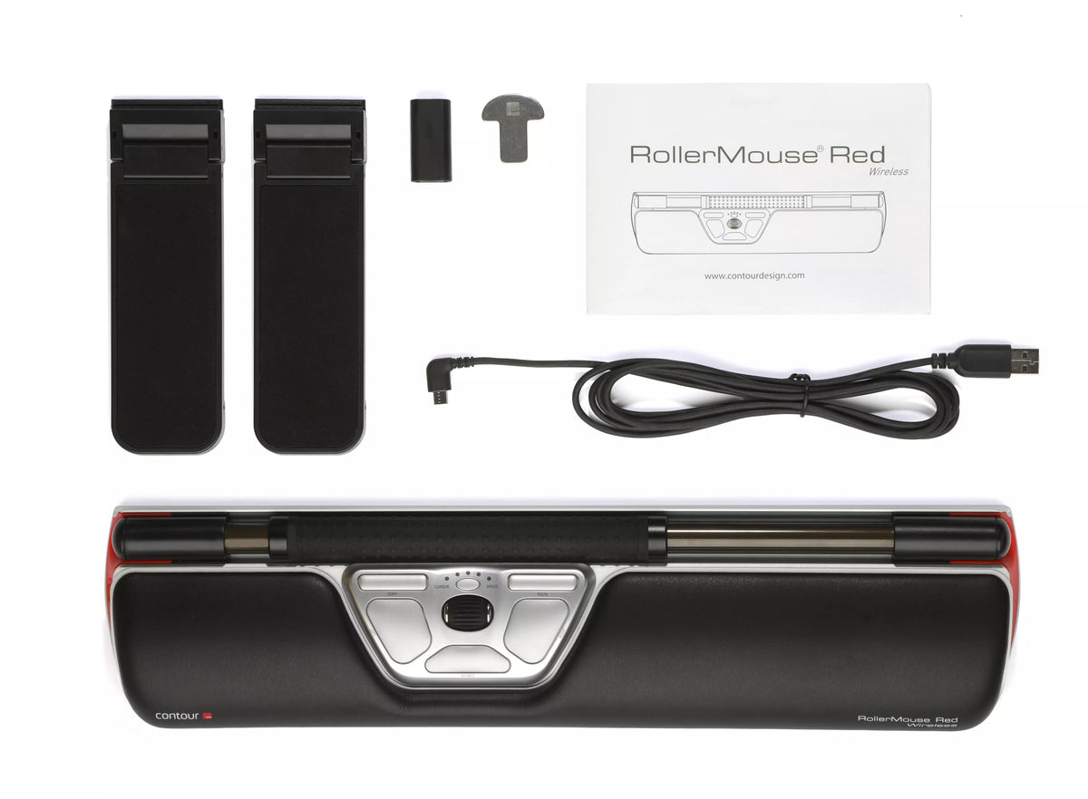 RollerMouse Red wireless shown with its wrist rest pads and charging cable