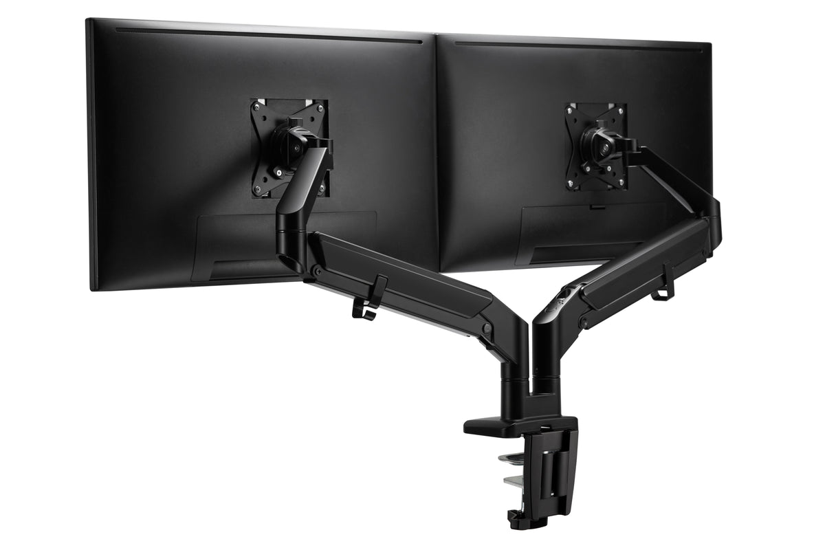 Two monitors side by side mounted on a black dual monitor arm