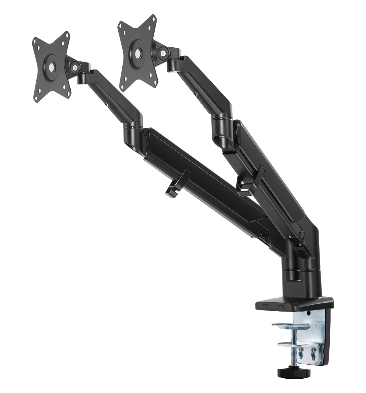 Black dual monitor arm with both mounting plates raised
