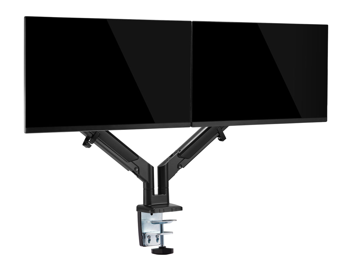 Two monitors mounted edge to edge on a dual monitor arm, seen from the front