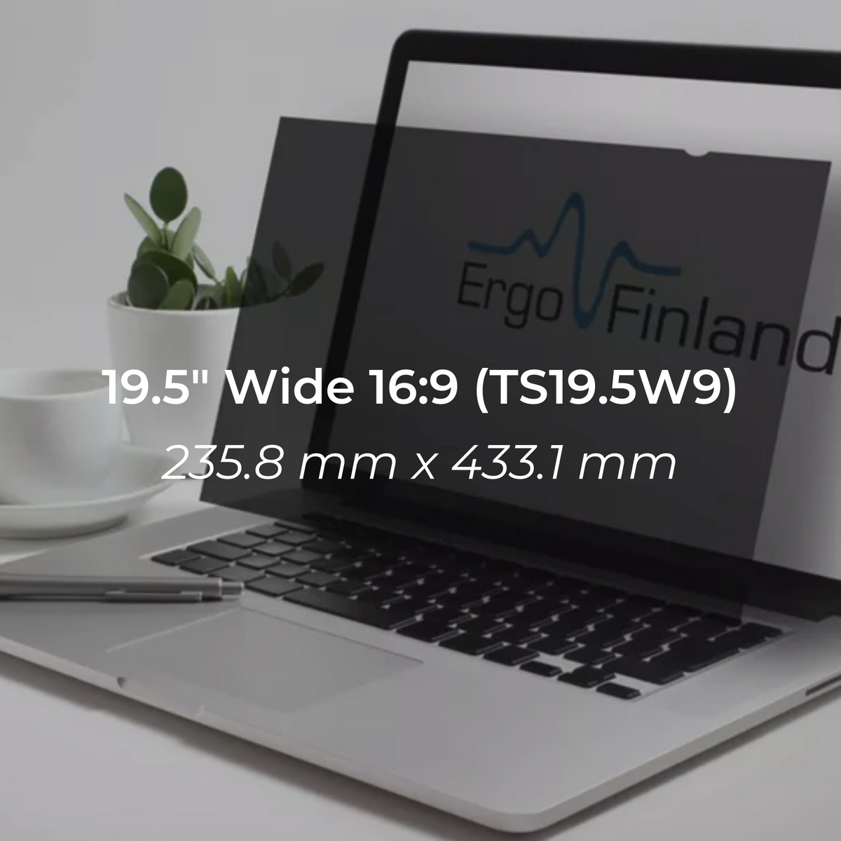 Product graphic for the 19.5 inch 16:9 privacy filter showing its dimensions