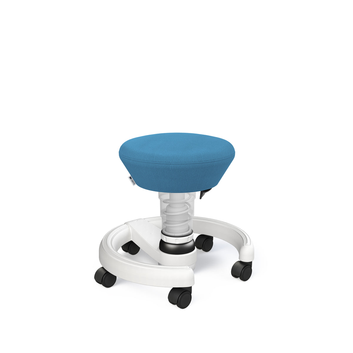 Swoppster children's active chair with blue polyester seat on a white five-star castor base