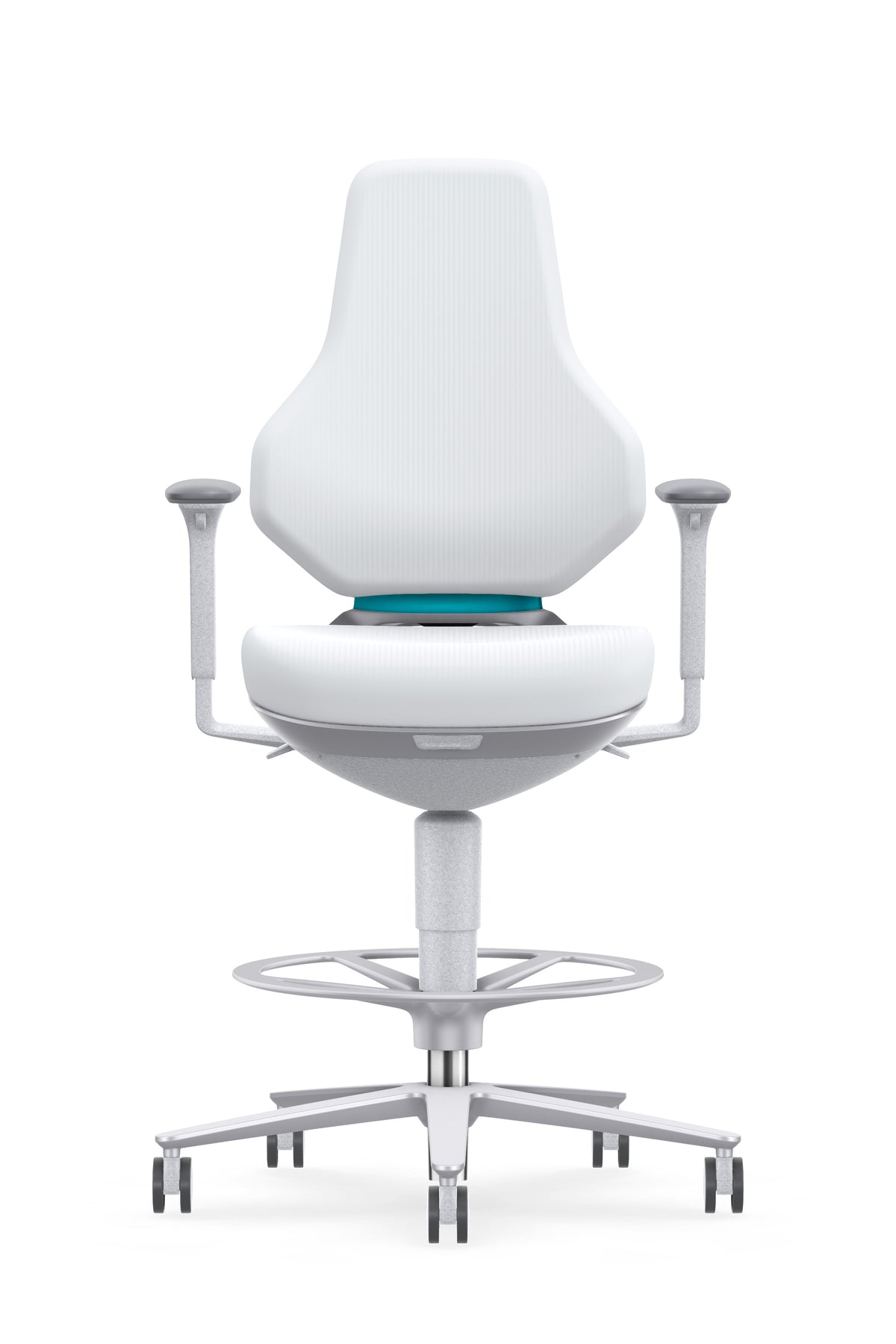 Texon cleanroom chair in white Skintec upholstery with foot ring and 4D armrests