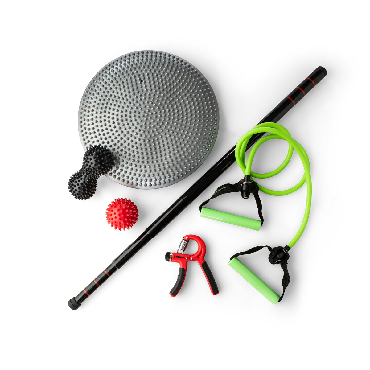 Break exercise package 2 laid out with a massage ball, bar and resistance bands