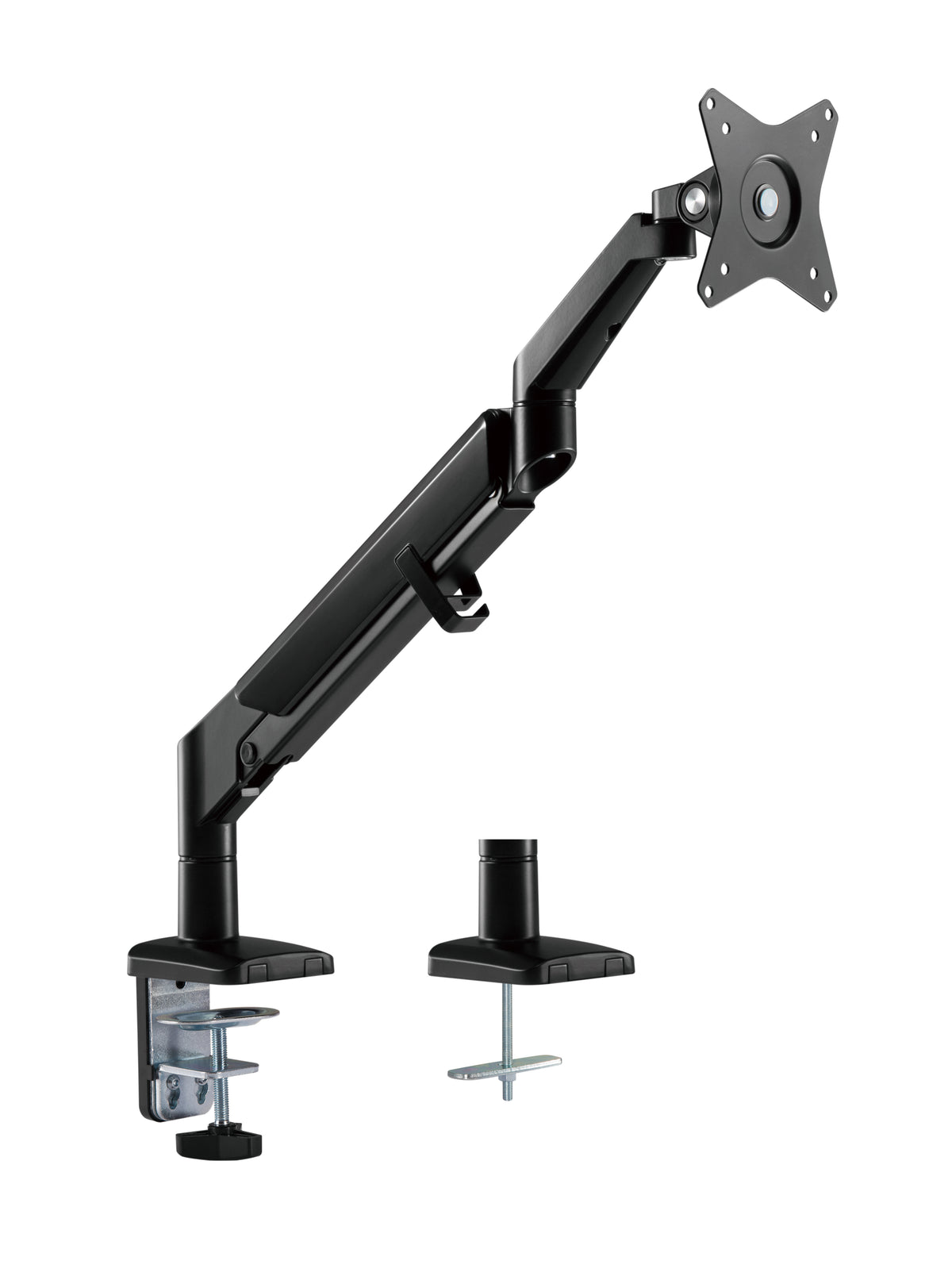 Black LCD monitor arm with gas spring and desk clamp, shown without a monitor
