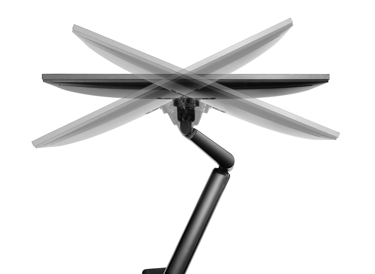 Close-up of the VESA mounting plate on the black LCD monitor arm