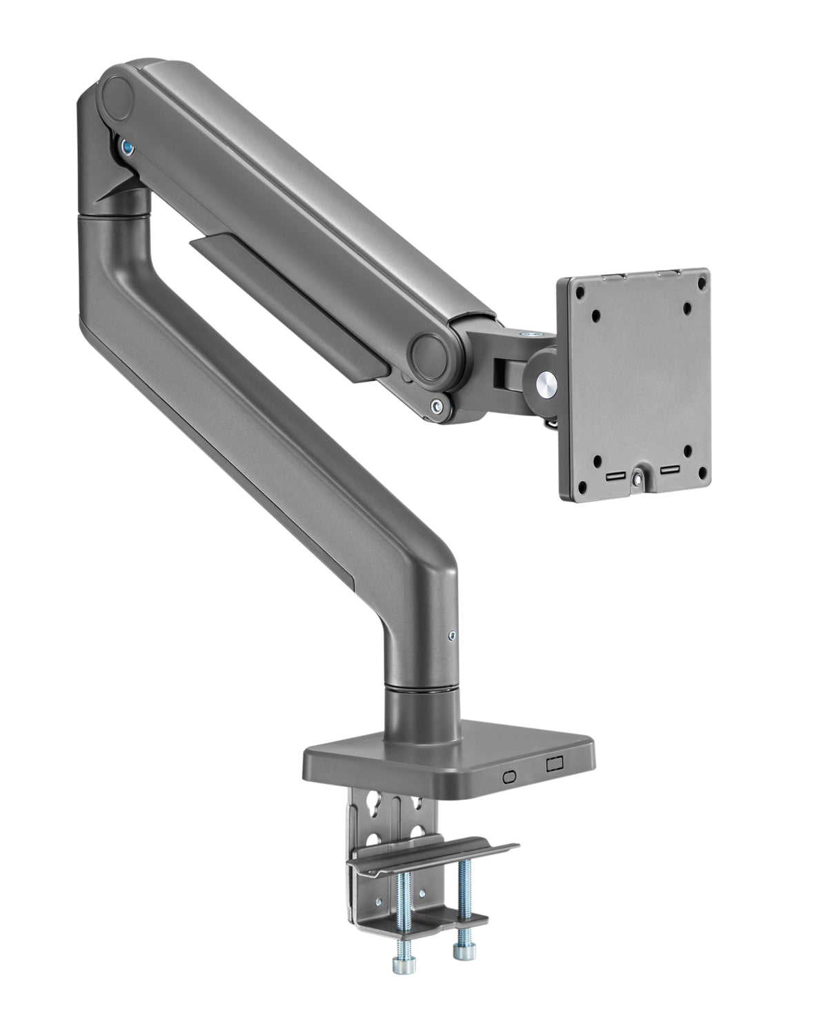 Dark grey heavy duty monitor arm with the VESA mounting plate at the end
