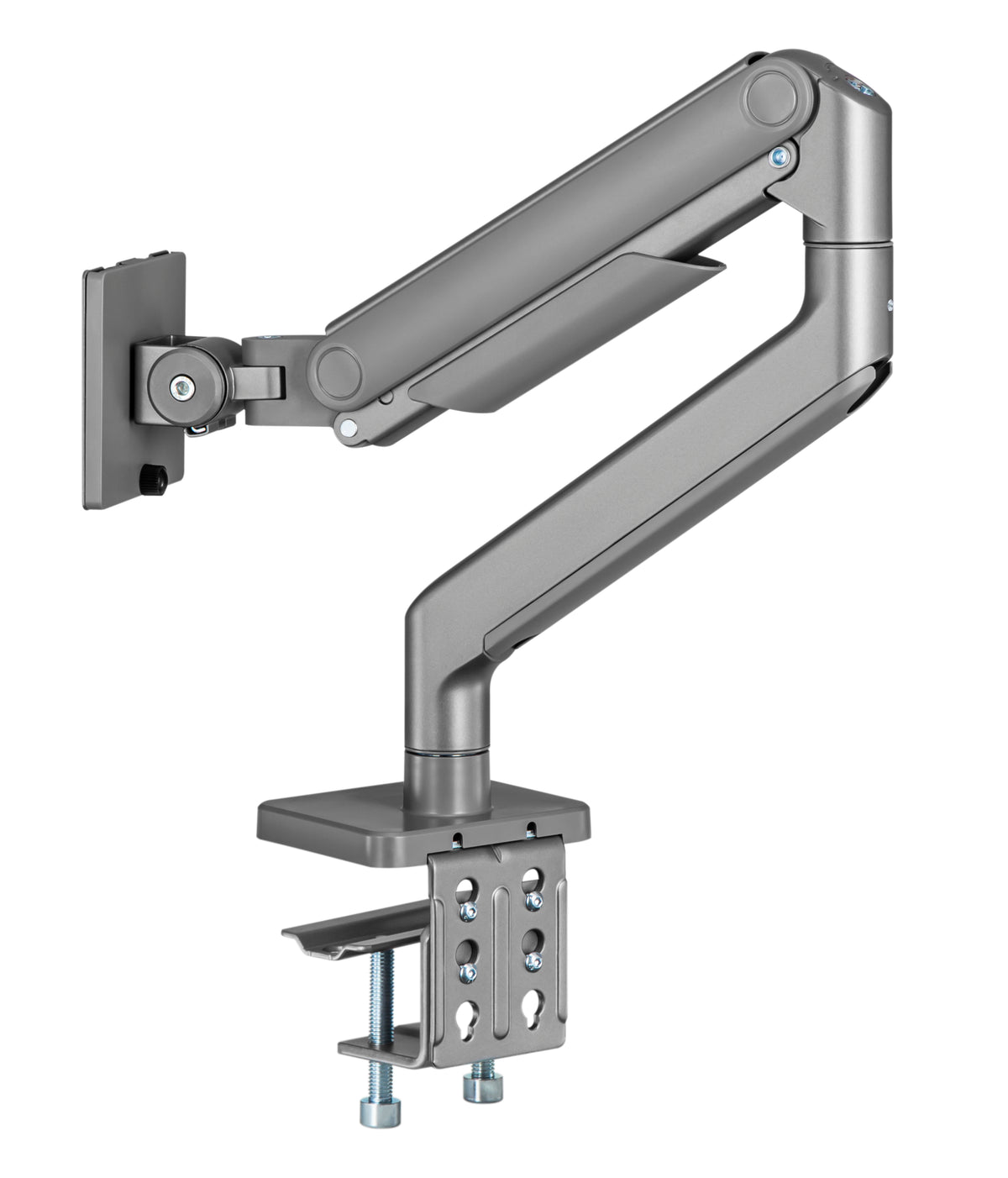 Dark grey heavy duty monitor arm raised, showing the gas spring joint