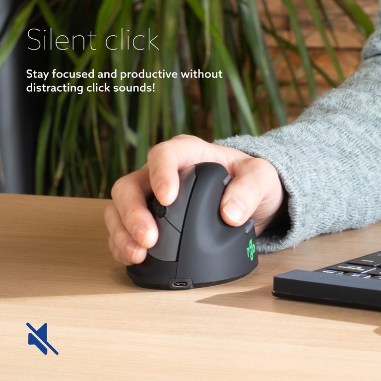 Graphic titled Silent click showing a hand using the HE Break Mouse