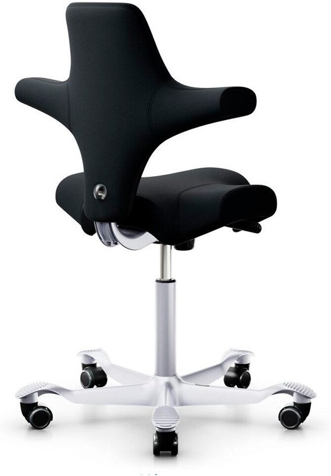 Capisco chair with long gas spring seen from the front, showing the split seat