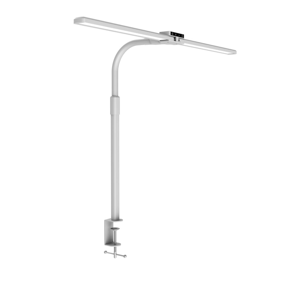 Duo LED desk lamp in white with a clamp mount and adjustable arm
