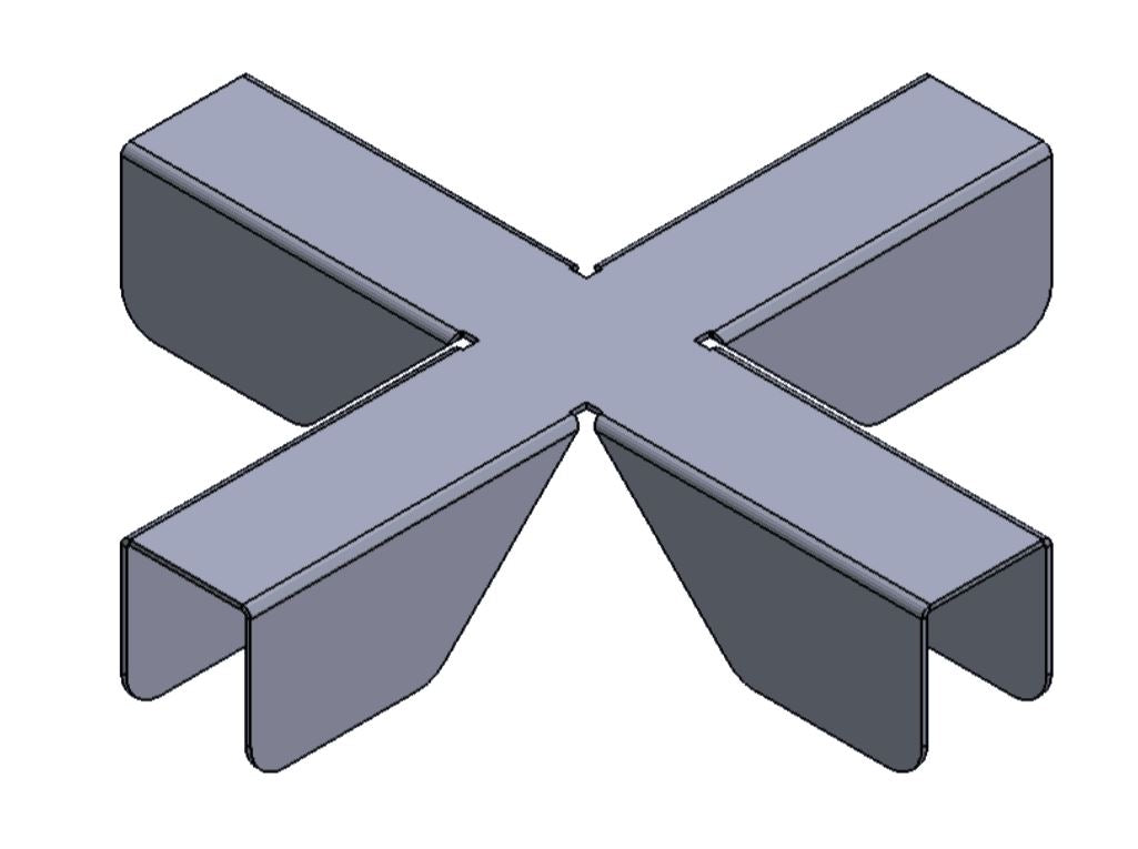 Three-dimensional drawing of a cross-model floor screen connector in silver grey