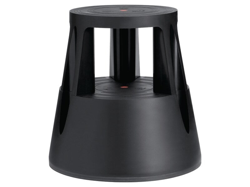 Black step stool in durable plastic, viewed from the side