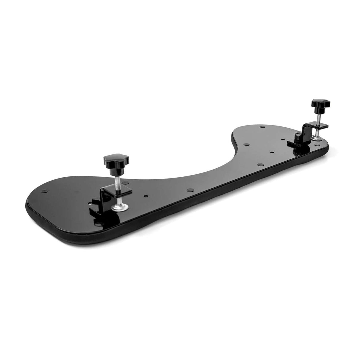 Arm support symmetric with its desk mounting brackets, viewed at an angle
