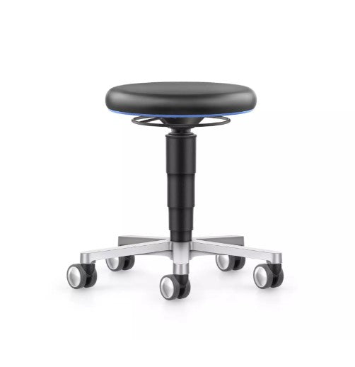 Round work stool with synthetic leather seat on a polished five-star castor base