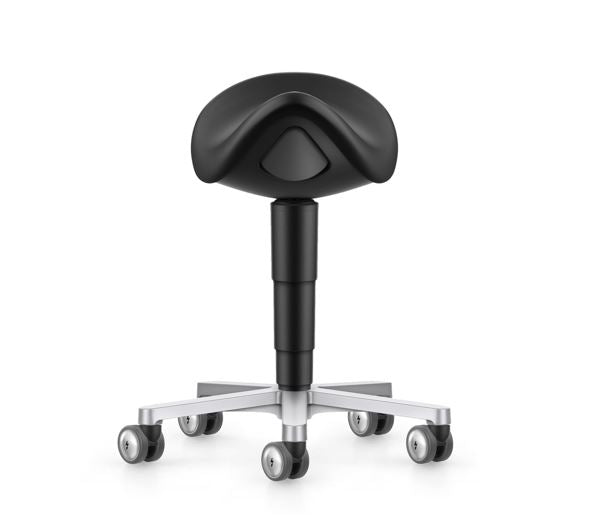 Cleanroom saddle stool with black artificial leather seat on a polished five-star castor base