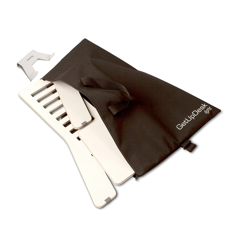 GetUpDesk Light wooden laptop stand lying flat on a black mat with its parts