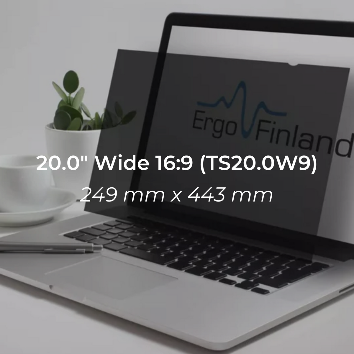 Product graphic for the 20 inch 16:9 privacy filter showing its dimensions