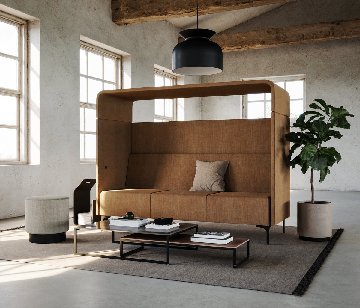 Focus sofa with roof, three-seater, in a loft lounge with a plant