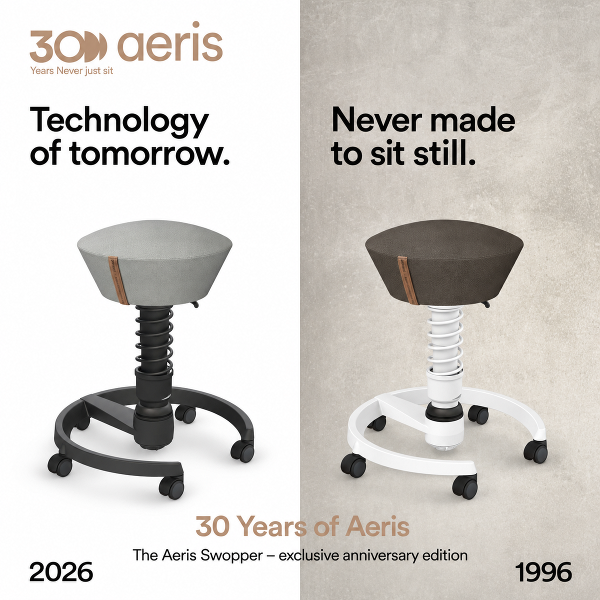 Swopper active chair, dark grey Musa fabric, white base, castors
