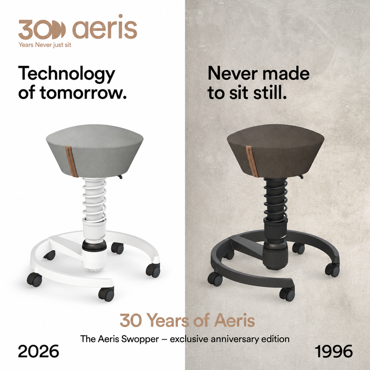 Swopper active chair, dark grey Musa fabric, white base, castors