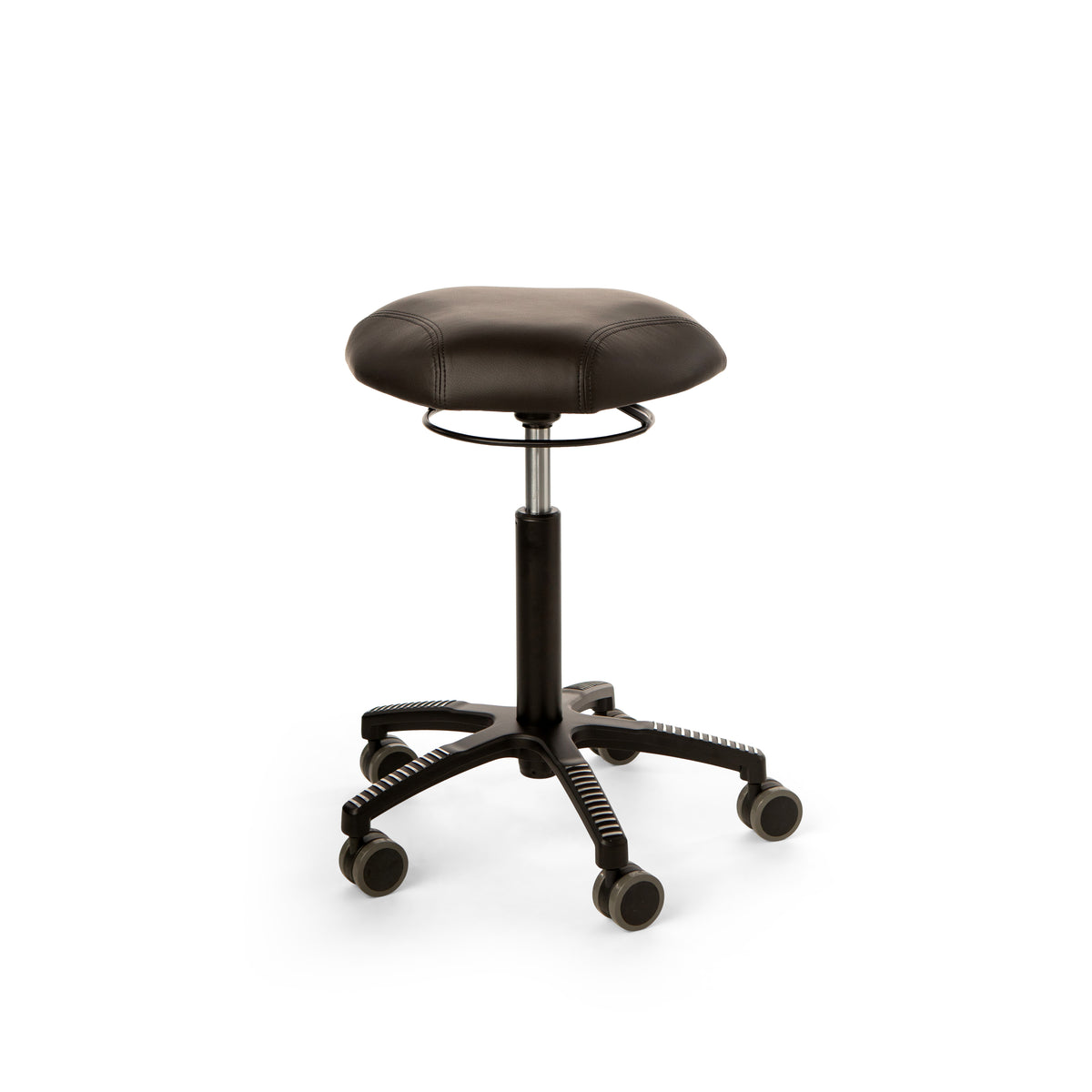ErgoTrio stool viewed from the side, showing the foot ring and gas lift