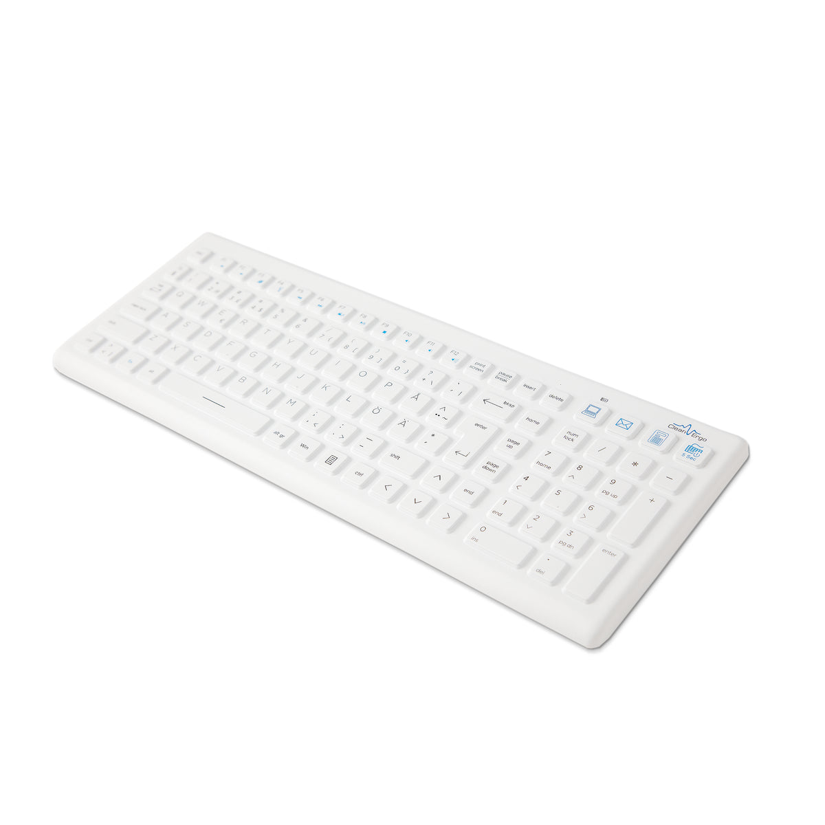 Medical keyboard in white with a wipe-clean surface, seen from above
