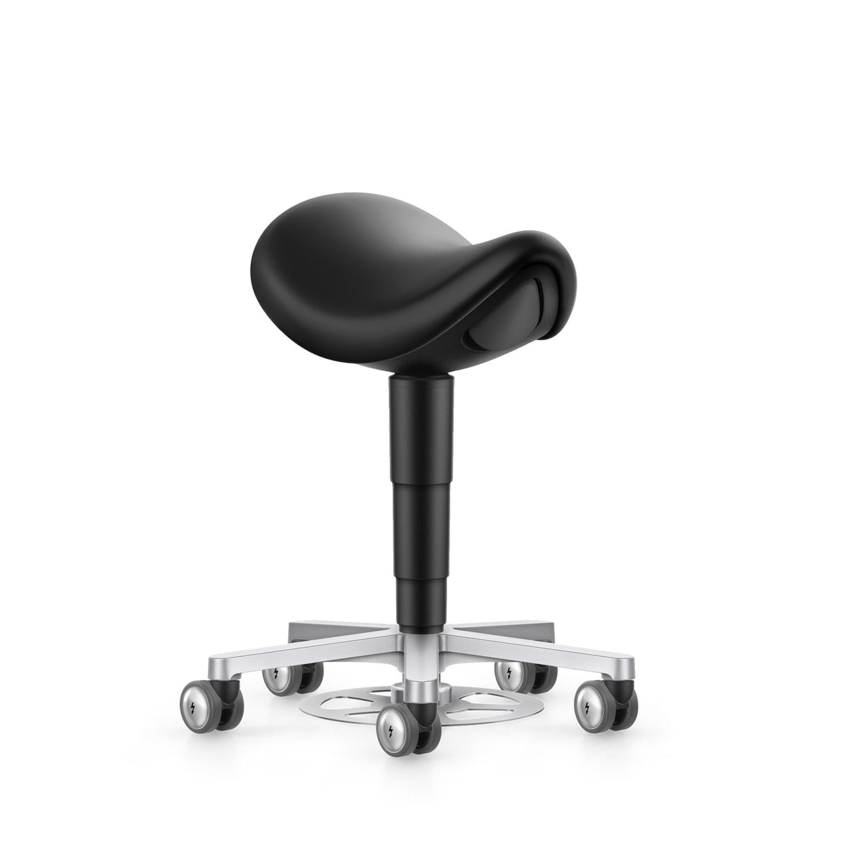 Cleanroom saddle chair with foot release and black artificial leather seat