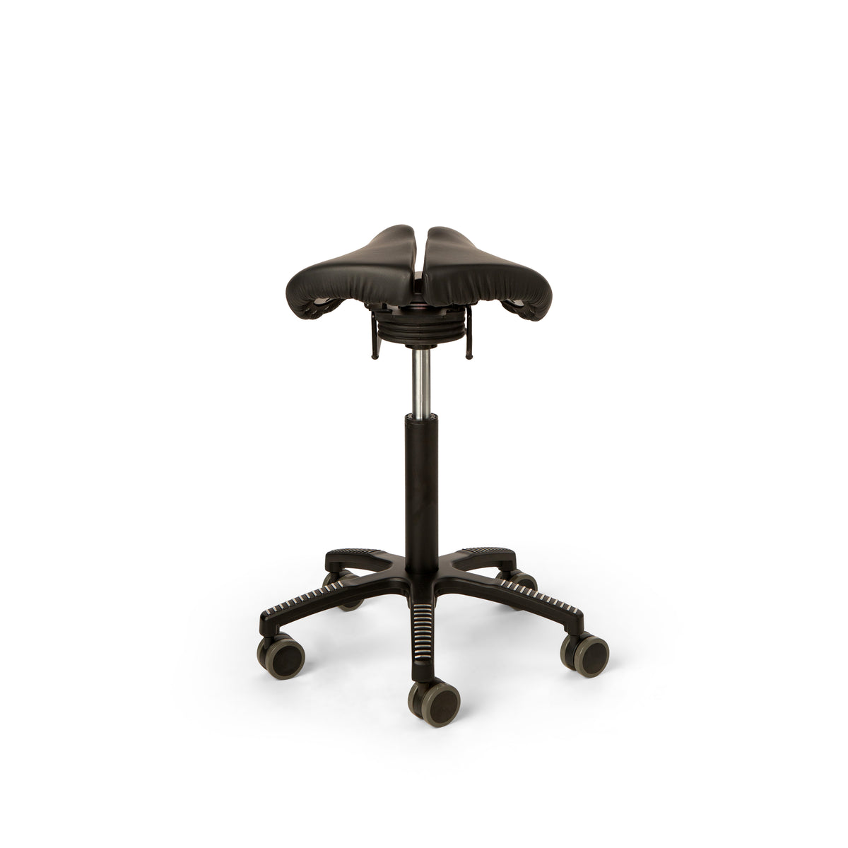 Core Split Swing saddle chair seen from above at an angle, showing the split seat halves